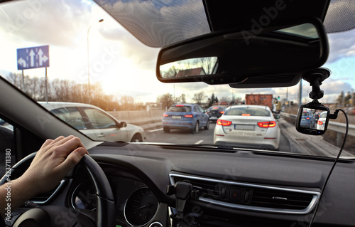 Fototapeta Naklejka Na Ścianę i Meble -  slow driving car in traffic jams during rush hour