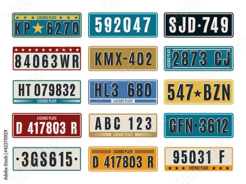 Car plates. Aluminum embossed retro auto numbers, metal licence identifications, color vehicle number combinations. Tags and frames template. Auto registration typeface vector set