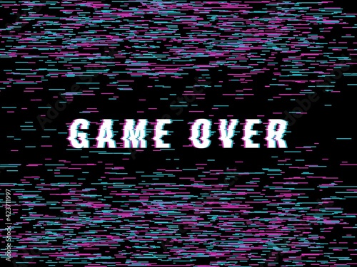 Final game glitch screen. Video game over inscription, broken final titles, errors artifacts design, 8 bits style distorted text. Old arcade or vhs display, creative poster vector concept