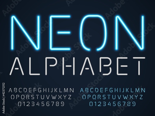Neon font. Latin fluorescent tubes latin alphabet, glowing blue light letters and numbers, electric types, inert gas radiance, shining gaslights, nightclub signboard vector set
