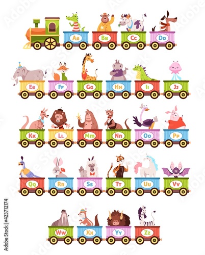 Alphabet train. Cartoon kids color wagons, funny animals and letters, cute zoo abc, vehicle toys, children amusement park. Childish educational poster or cards vector cartoon concept