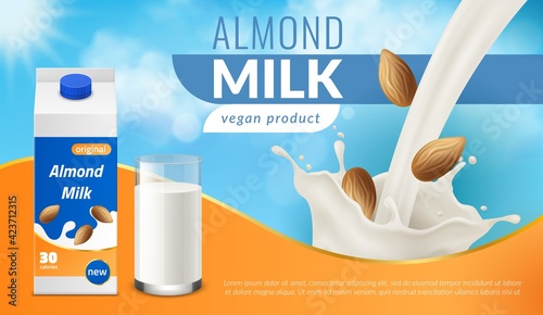 Almond milk poster. Realistic healthy vegan nut drink, cardboard box and glass, protein vegetarian beverage jet and splash crown. Advertising banner template vector 3d illustration