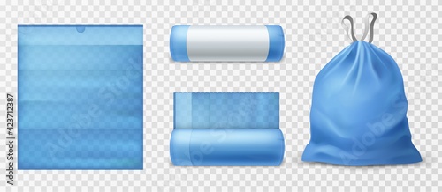 Realistic trash bags. Kitchen 3d garbage blue eco pack with ties in different states, empty and full, roll and packaged with blank empty label, plastic sack. Vector isolated set