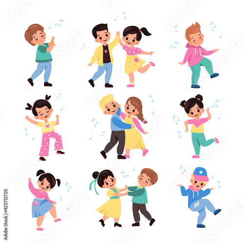 Kids pair dancing. Funny young dancers collection, little musical couples, friends beat moving, cute boy and girl listen melody. dance studio and art class vector cartoon isolated set