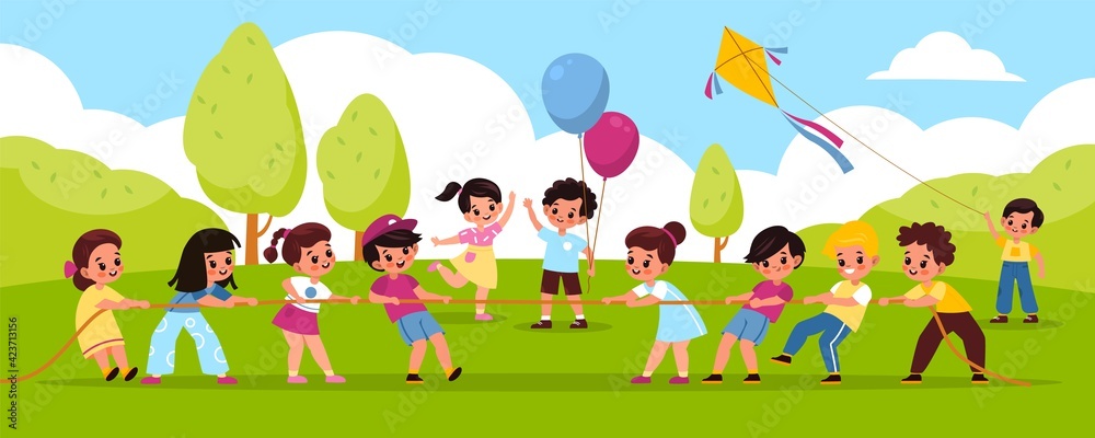 Tug of war outdoor. Outdoor team games, kids pull the rope in park, boy launches kite on green grass, students play compete, equal and counteracting forces. Vector cartoon concept Tug of war outdoor. Outdoor team games, kids pull the rope in park, boy launches kite on green grass, students play compete, equal and counteracting forces. Vector cartoon concept