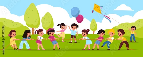 Tug of war outdoor. Outdoor team games  kids pull the rope in park  boy launches kite on green grass  students play compete  equal and counteracting forces. Vector cartoon concept