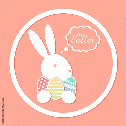 Happy easter, easter bunny eggs, banner with text in cut paper style. Vector stock illustration. 