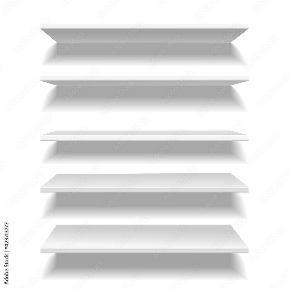 Shelves white. Empty clear store or library shelf in different angles view, bookshelf wall furniture blank interior 3d object. Element for gallery exposition vector realistic isolated set