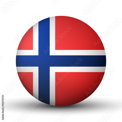 Glass light ball with flag of Norway. Round sphere, template icon. Norwegian national symbol. Glossy realistic ball, 3D abstract vector illustration highlighted on a white background. Big bubble