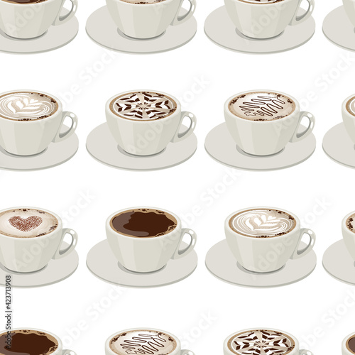 Seamless pattern with white coffee cups. Endless texture with different sorts of coffee. Illustration can be used for restaurant and cafe menu and food projects.