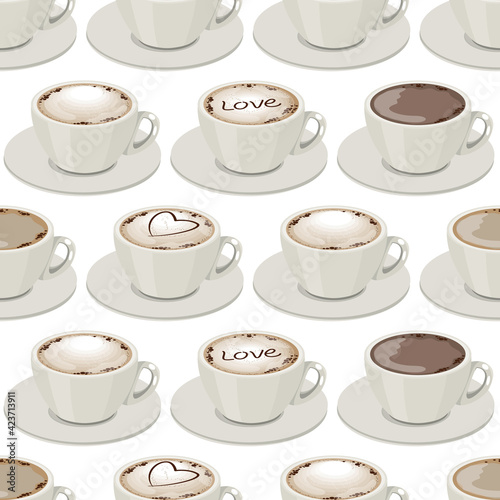 Seamless pattern with white coffee cups. Endless texture with different sorts of coffee. Illustration can be used for restaurant and cafe menu and food projects.