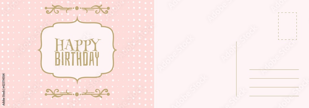 Happy Birthday card. Invitation postcard white polka dot on pink