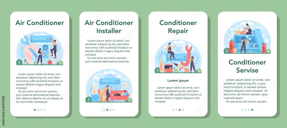 Air conditioning service mobile application banner set. Repairman installing.