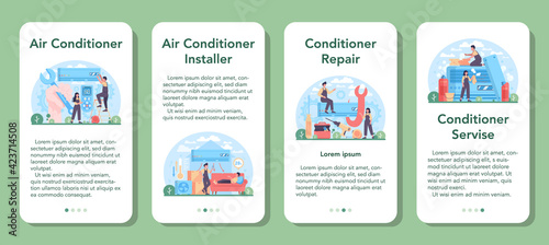 Air conditioning service mobile application banner set. Repairman installing. © inspiring.team