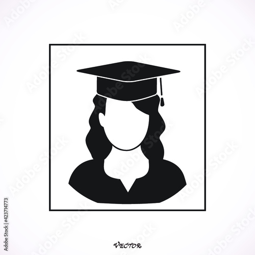 Graduate in graduation cap, avatar, flat style vector illustration. The student woman icon. School, academy, college, education symbol.
