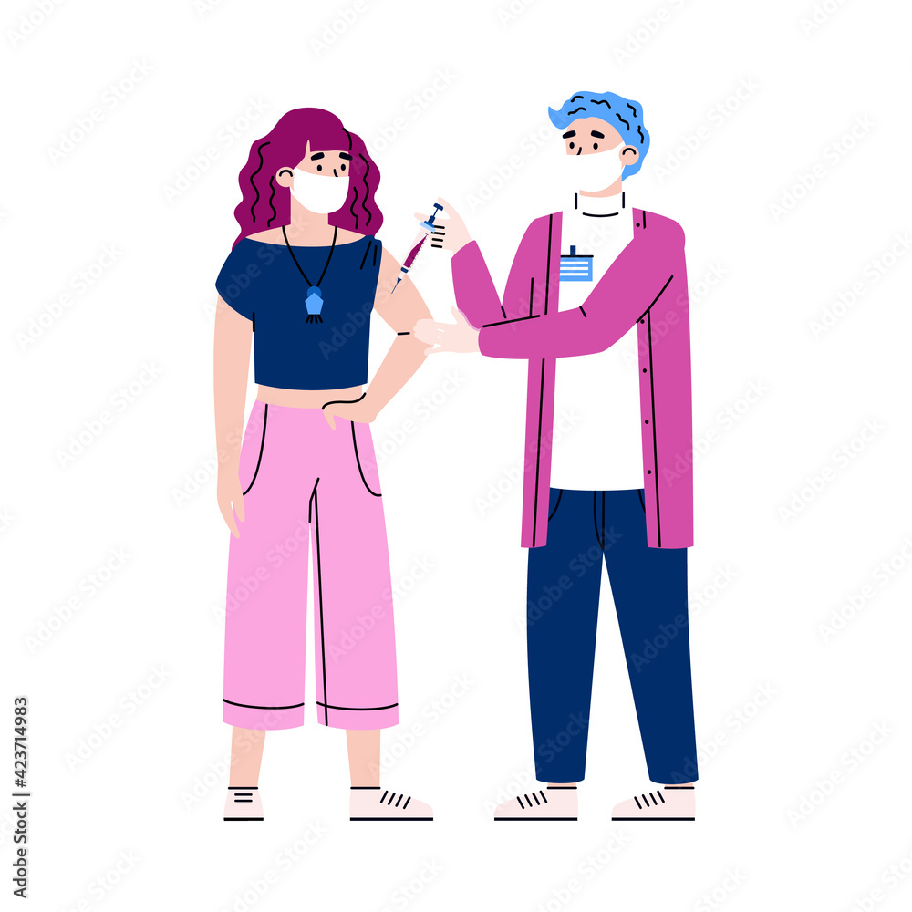 Doctor makes injection of vaccine to woman cartoon vector illustration isolated. Doctor makes injection of vaccine to woman cartoon vector illustration isolated.