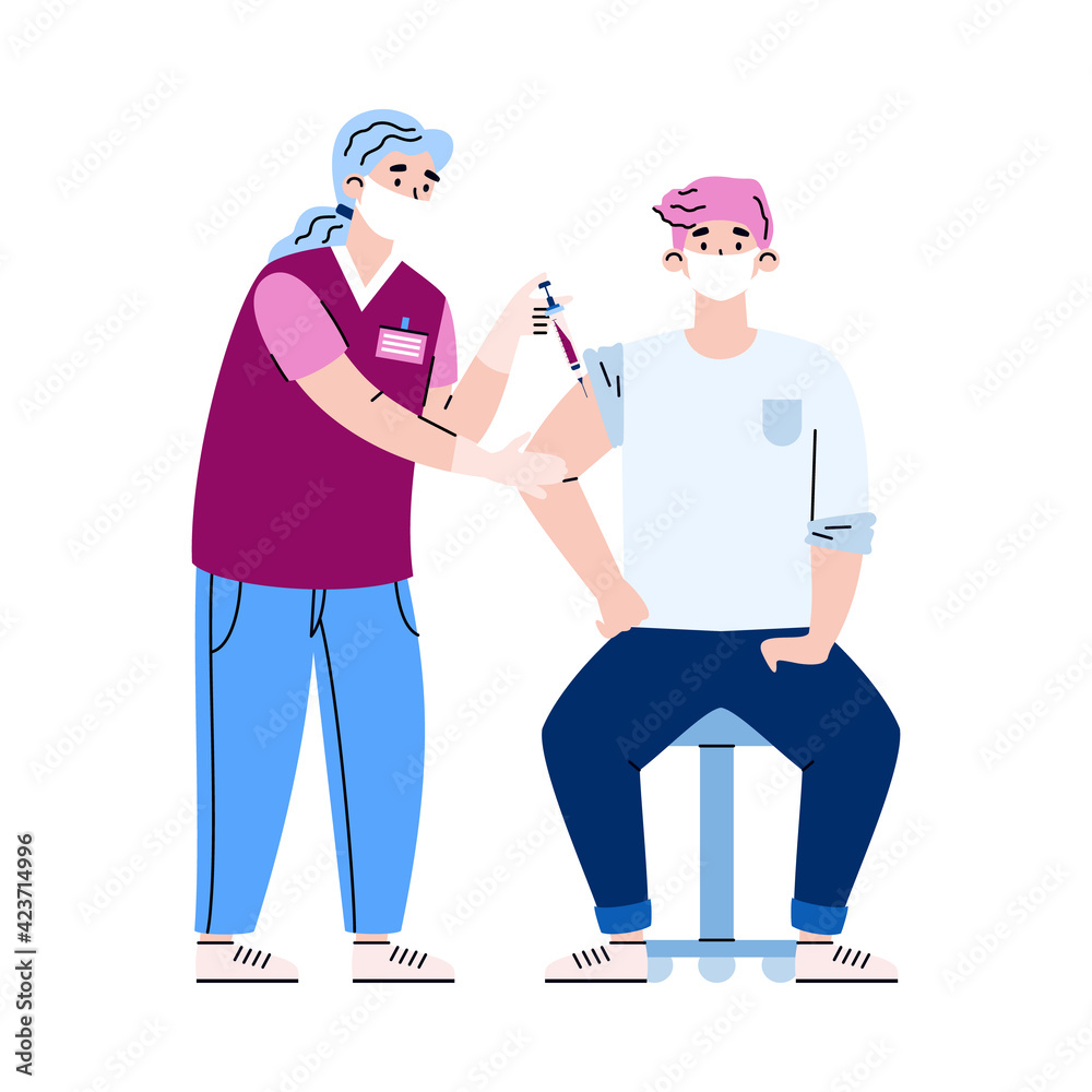 Doctor in mask and gloves giving injection coronavirus vaccine to man patient Doctor in mask and gloves giving injection coronavirus vaccine to man patient