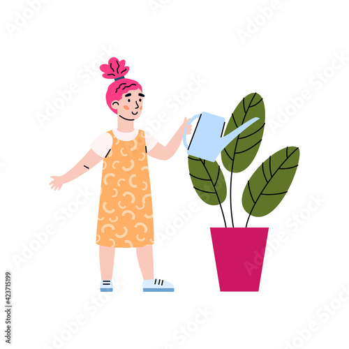 Kid girl busy with housework watering plant in pot a vector isolated illustration