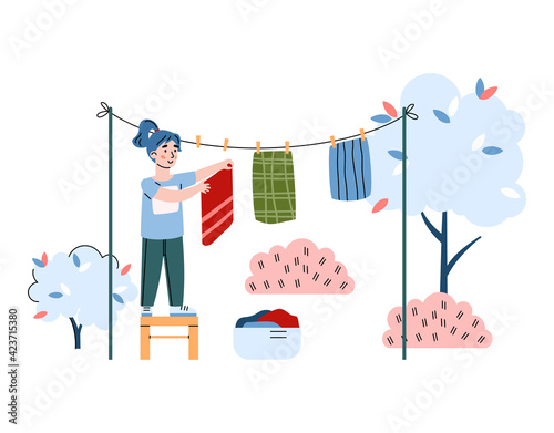 Child hangs up the washed laundry outdoors, cartoon vector illustration isolated.