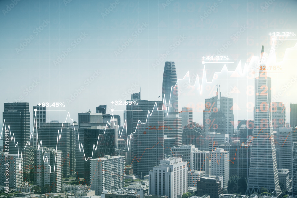Multi exposure of abstract virtual financial graph hologram on San Francisco skyline background, forex and investment concept