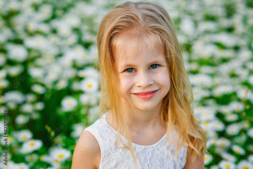 Portrait of a beautiful little girl with blonde hair and blue eyes in a white summer dress on a field. A child in a flowery meadow. Copy space. Portrait of a beautiful little girl with blonde hair and blue eyes in a white summer dress on a field. A child in a flowery meadow. Copy space.