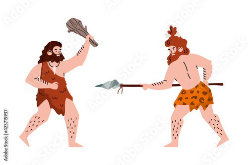 Prehistoric caveman stone age neanderthals fighting with primitive weapon.
