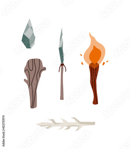 Set primitive tools of prehistoric cave man for hunting or survival in stone age