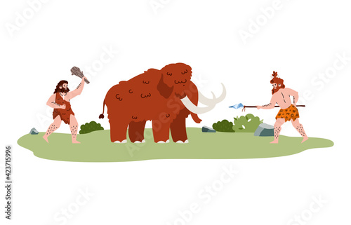 Tribe of cave prehistoric people stone age with primitive weapon hunting mammoth