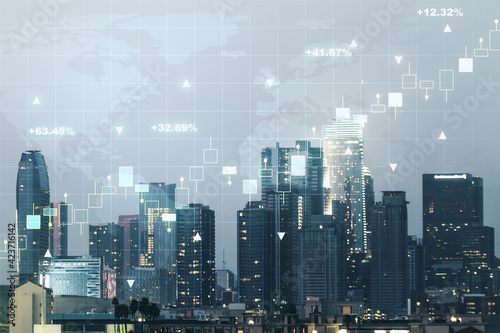 Multi exposure of virtual creative financial graph and world map on Los Angeles city skyline background, forex and investment concept