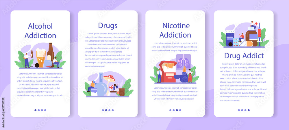 Addiction mobile application banner set. Idea of medical treatment