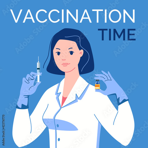 Doctor in latex gloves with syringe and vaccine in his hands. Vaccination time. Vector. Illustration. Flat. Cartoon