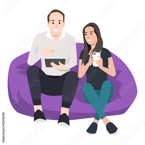 business partner holding phone and tablet working at a bean bag flat vector illustration