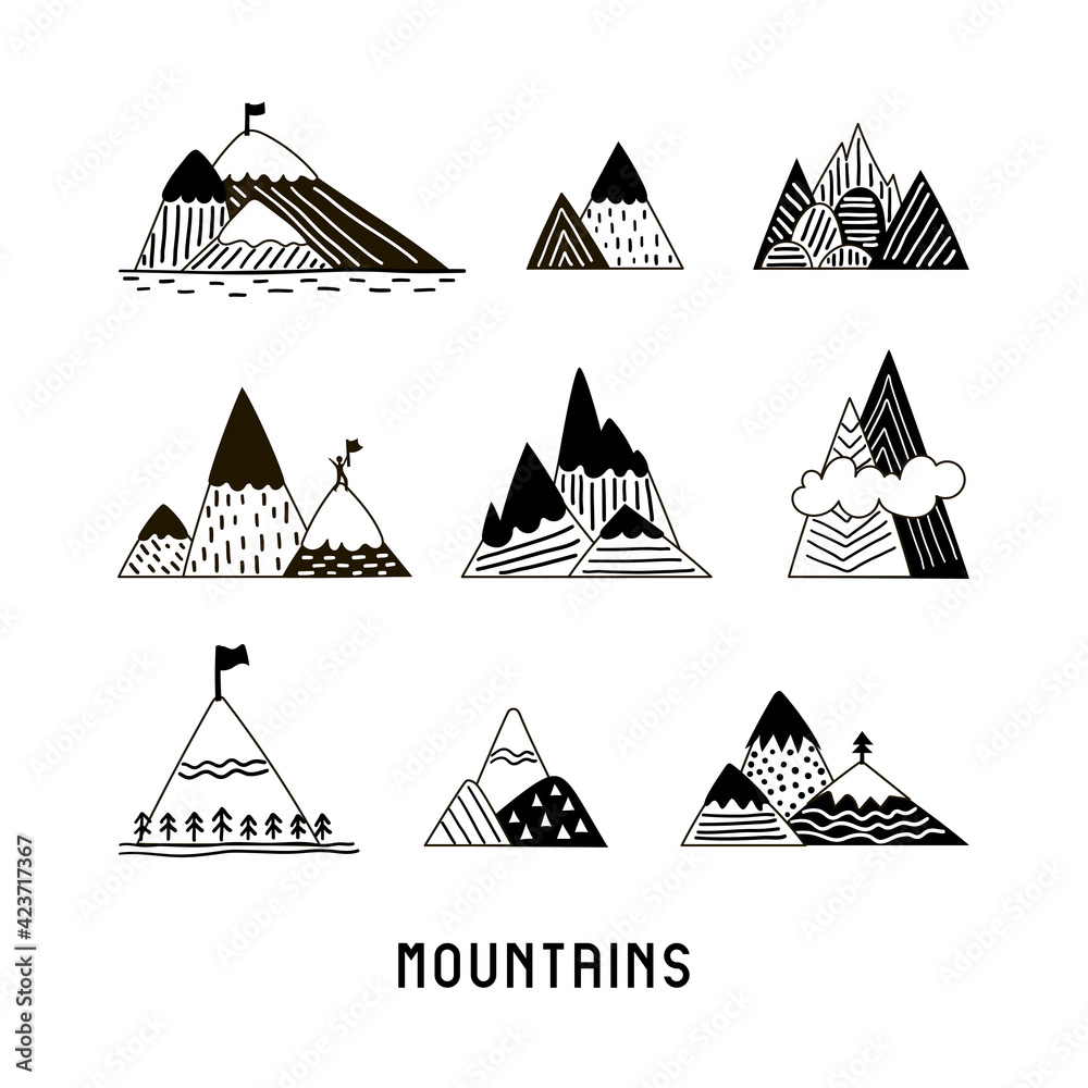 Set of mountains on white background. Black and white flat illustration with different hills Set of mountains on white background. Black and white flat illustration with different hills
