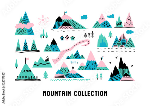 Big mountain collection. Simple childish vector flat illustration with hills, trees, houses, clouds, birds