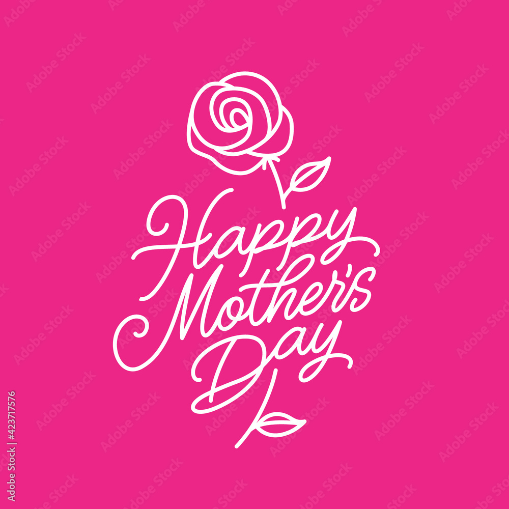 Happy Mothers Day greeting card typography. Mother day lettering with line art rose flower. Vector vintage illustration.