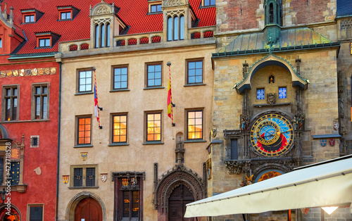 Prague, Czech Republic, old town square and Astronomical Clock Tower famous travel destination landmarc and attraction evening. photo