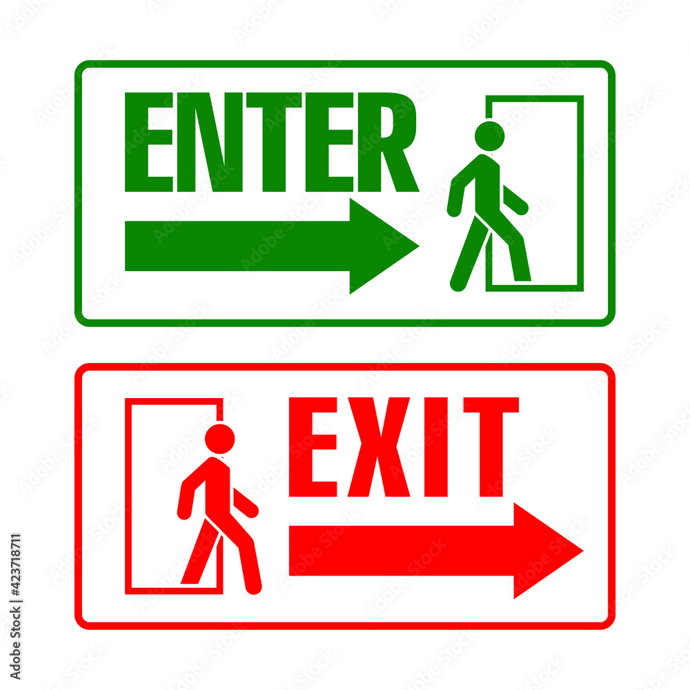 Entry and exit signs with a man silhouette. Vector pictograms