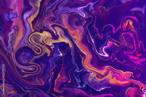 Abstract fluid art background navy blue and purple color. Liquid marble. Acrylic painting with golden lines and gradient