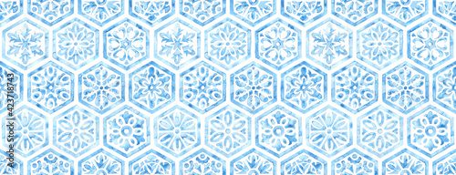 Seamless moroccan pattern. Hexagon vintage tile. Blue and white watercolor ornament painted with paint on paper. Handmade. Print for textiles. Seth grunge texture. photo