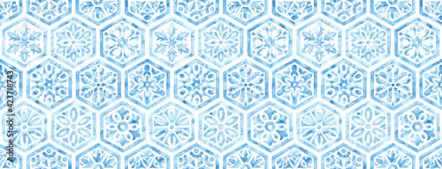 Seamless moroccan pattern. Hexagon vintage tile. Blue and white watercolor ornament painted with paint on paper. Handmade. Print for textiles. Seth grunge texture.