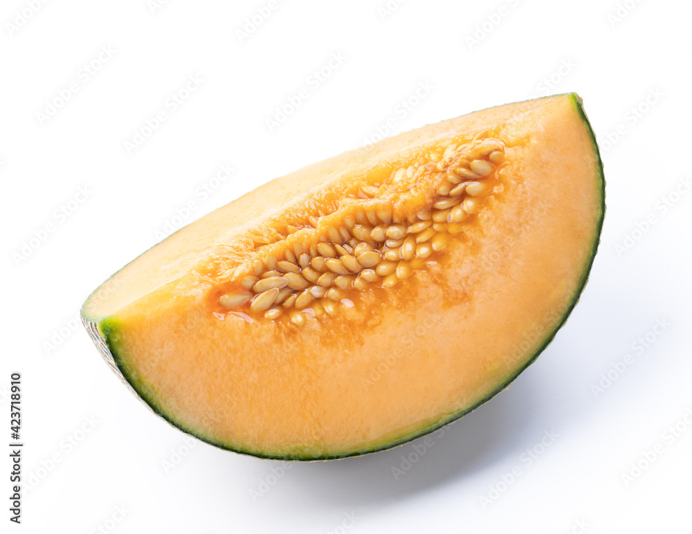 Close up of beautiful slices cantaloupe isolated on white background. Close up of beautiful slices cantaloupe isolated on white background.