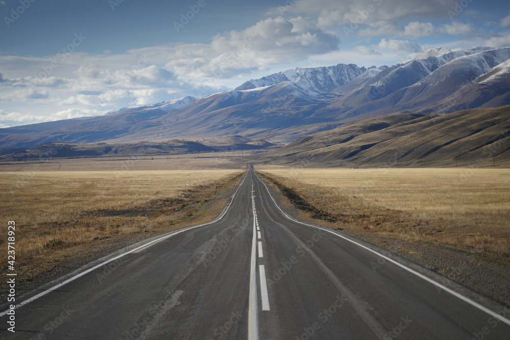 Beautiful Chuya Highway in Kurai Steppe, Altai Mountains, Siberia, Russia. Empty Road.