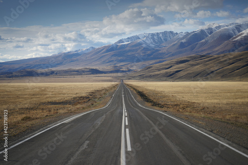 Beautiful Chuya Highway in Kurai Steppe, Altai Mountains, Siberia, Russia. Empty Road.