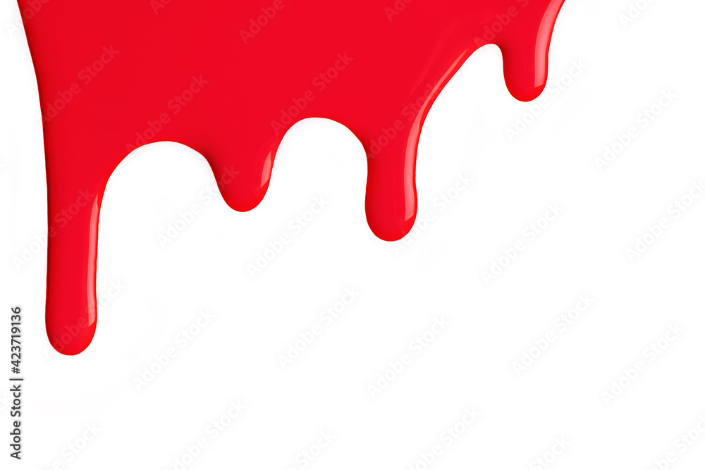 Red liquid drops of paint color flow down isolated white background. Abstract scarlet backdrop with fluid drip pattern. Red liquid drops of paint color flow down isolated white background. Abstract scarlet backdrop with fluid drip pattern.