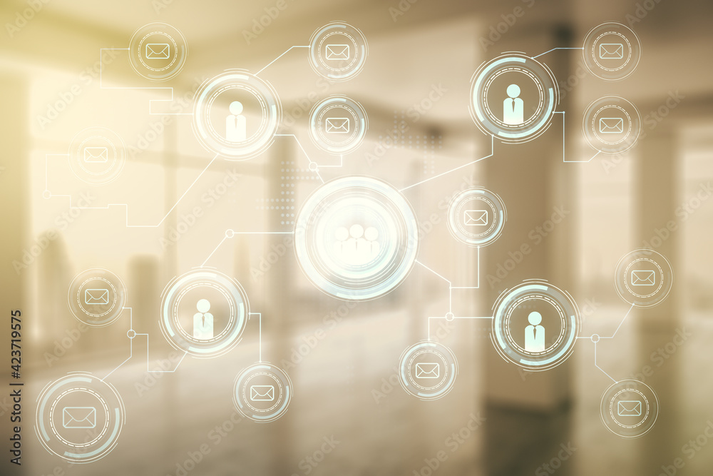 Double exposure of abstract virtual social network icons on empty modern office background. Marketing and promotion concept Double exposure of abstract virtual social network icons on empty modern office background. Marketing and promotion concept