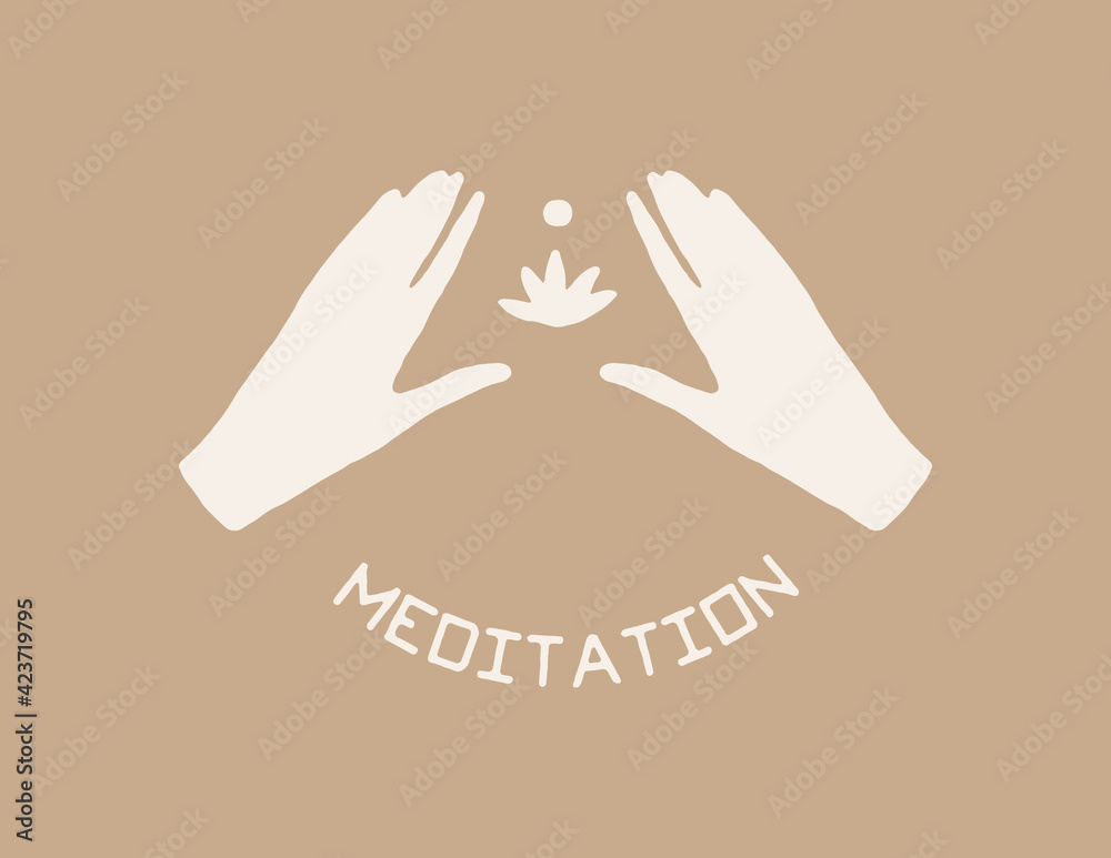 Hands with lotos, linear style. Vector logo