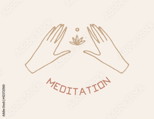 Hands with lotos, linear style. Vector logo
