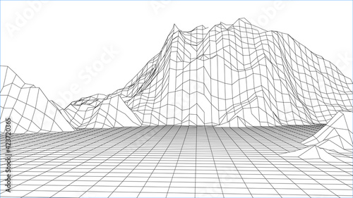 illustrator landscape. Wireframe 3D landscape mountains. 3d landscape. Digital retro landscape cyber surface. Vector illustration.	