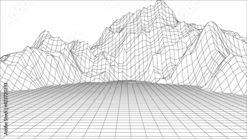 illustrator landscape. Wireframe 3D landscape mountains. 3d landscape. Digital retro landscape cyber surface. Vector illustration.	