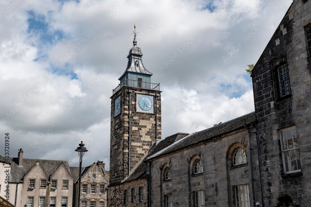 The townscape or Stirling town in Scotland with the clock tower of Tolbooth